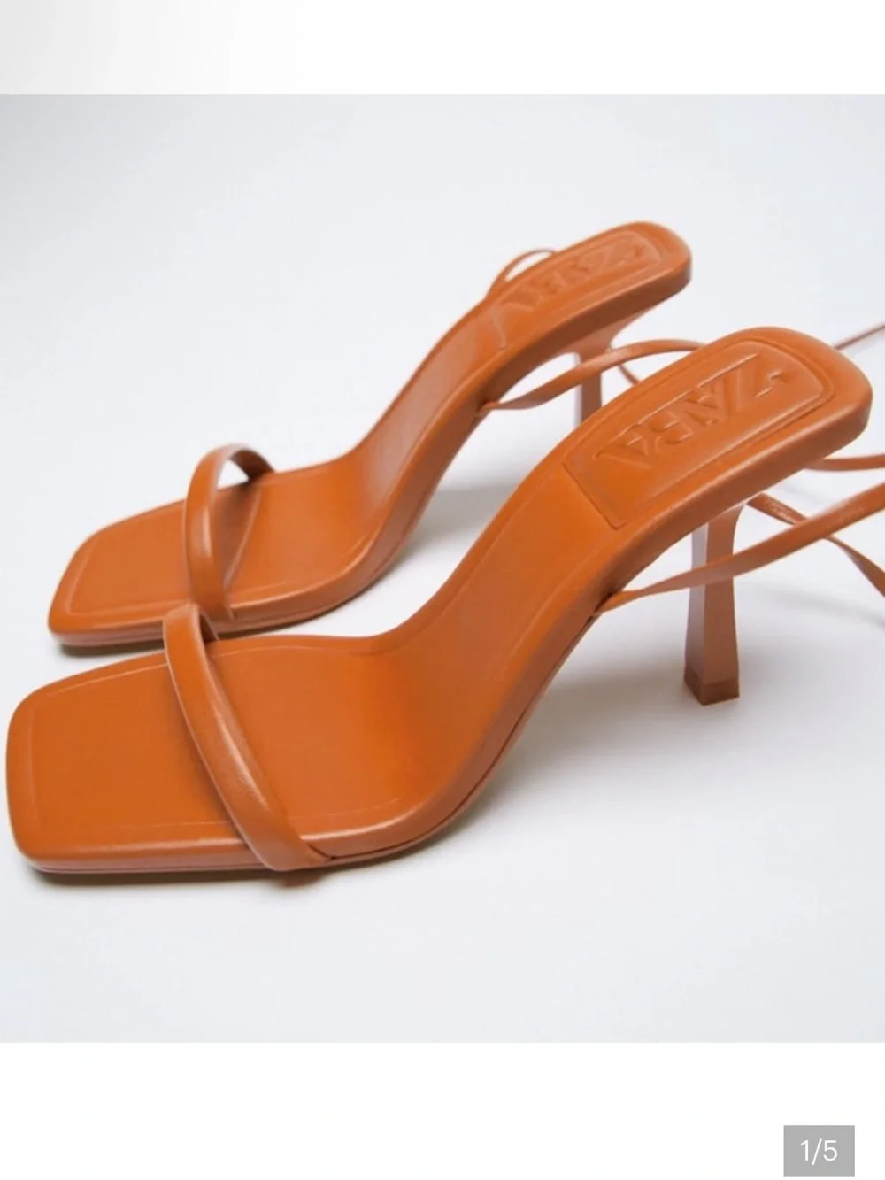 Zara Orange Strappy Lace-Up Goat Leather Heels Sandals Square Toe 38
